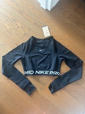 Nike Black Long Sleeve Pro Crop Top with White Logo